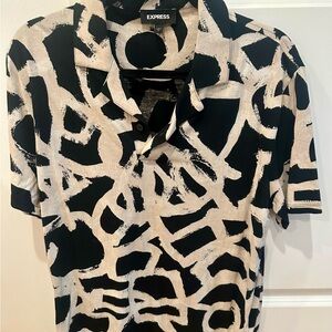 Express Men’s Black and Cream Artistic Pattern Shirt